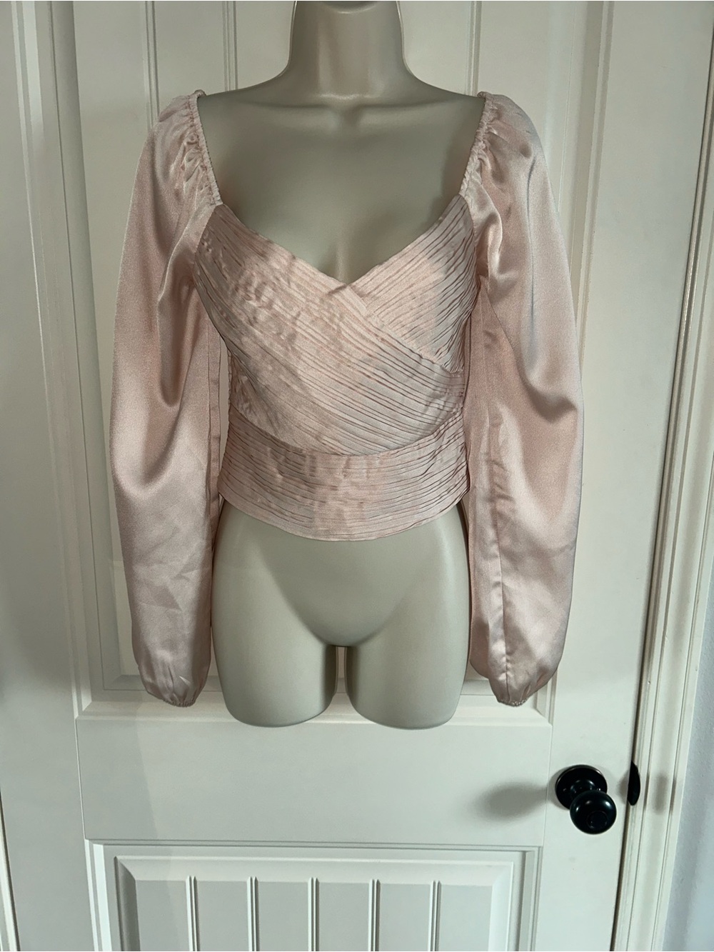 NEW Lush Blush Pink Satin Puff-Sleeve Cropped Wrap Top